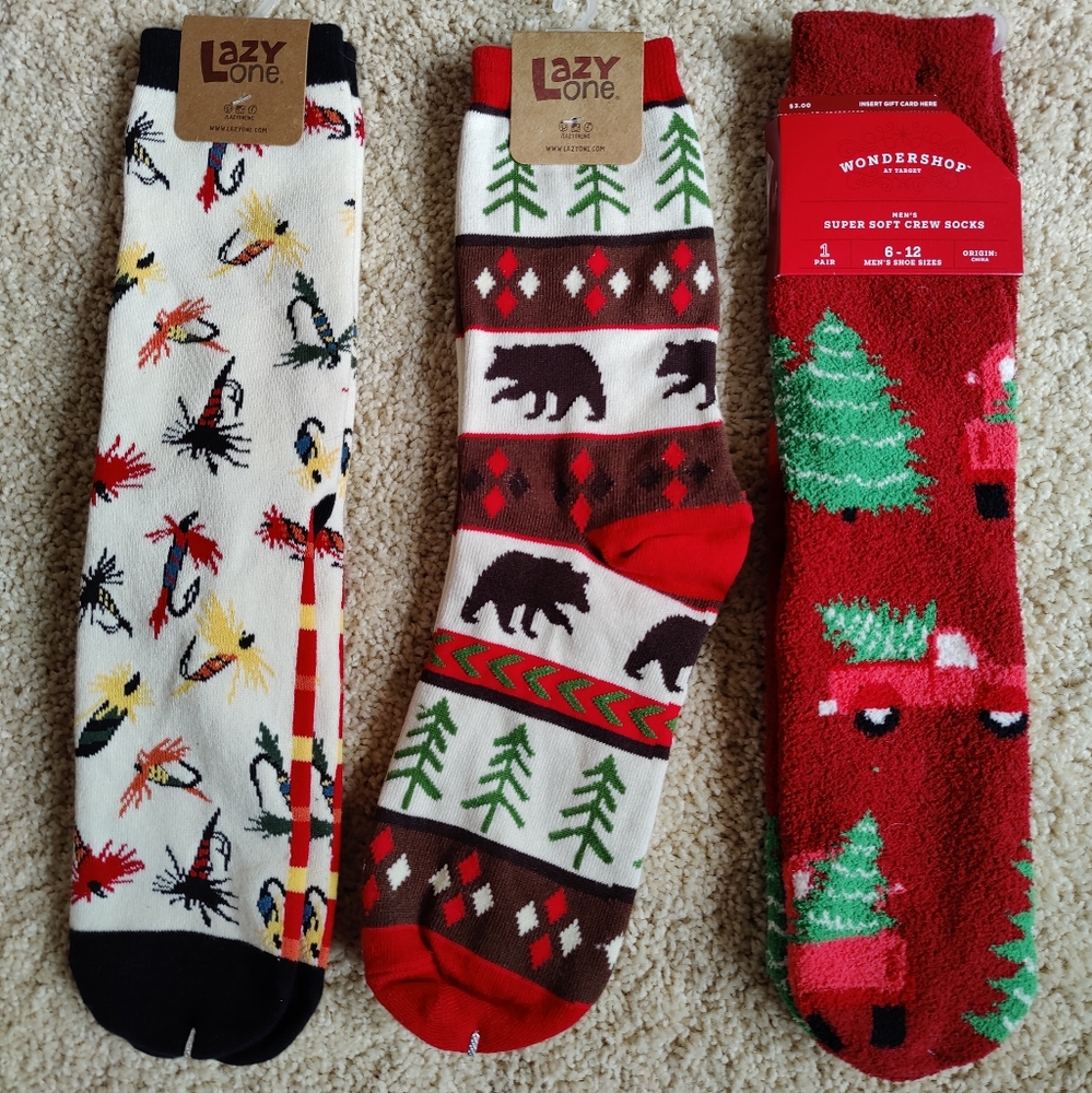 3 Pack Fun Socks: Fly Fishing, Christmas Bear, Christmas Tree Truck